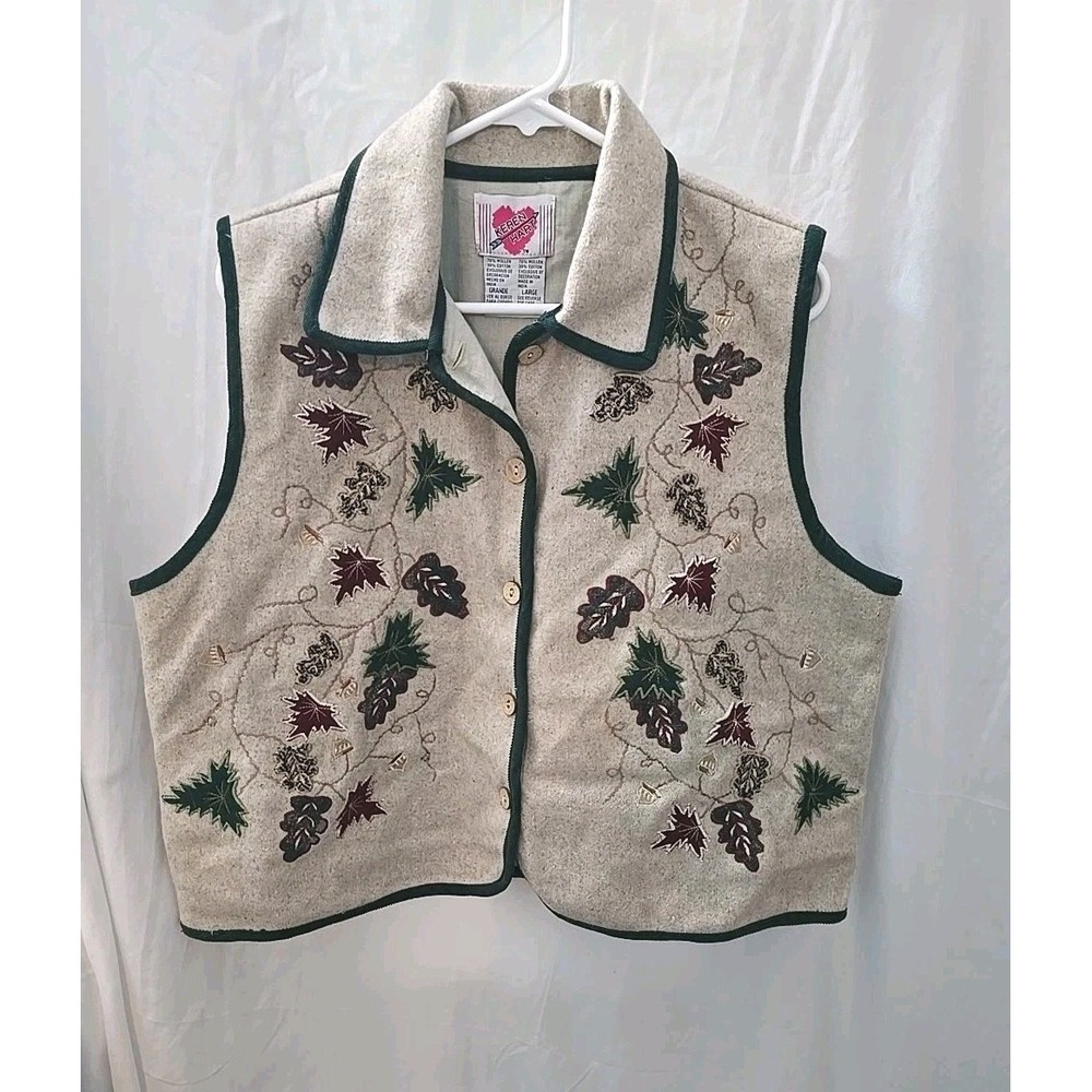 VTG Karen Hart Womens Wollen Vest‎ Button-Up Autumn Leaves Embroidered Sz L NWT